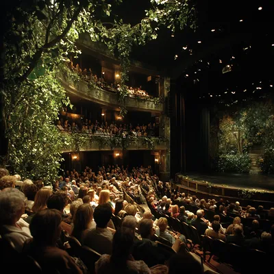A fully packed theater with every seat occupied by an engaged, diverse audience. The classic plush seating is subtly ble