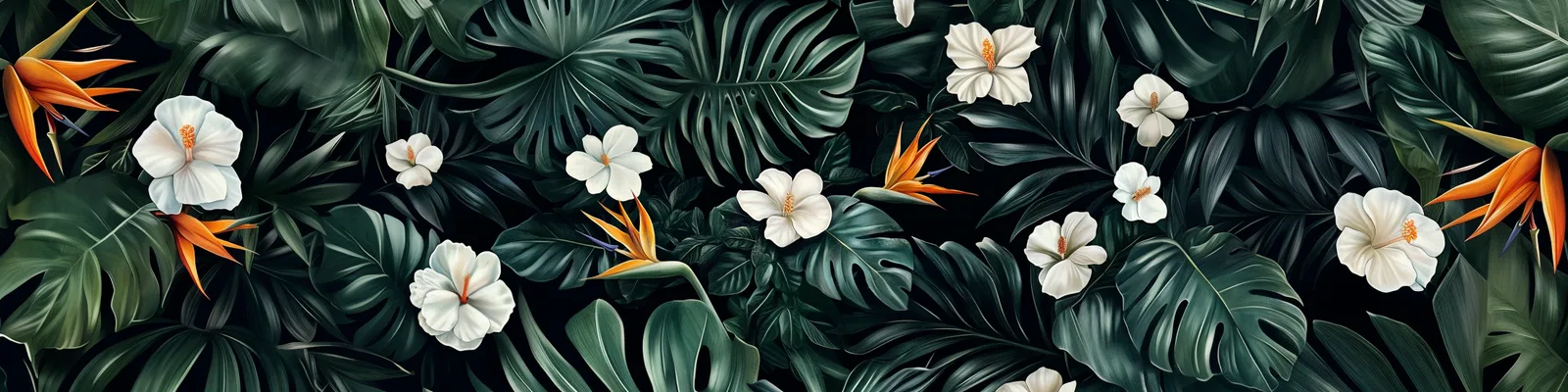 dark and tropical wallpaper with white flowers, bird of paradise, California poppies, monstera leaves --ar 4:1