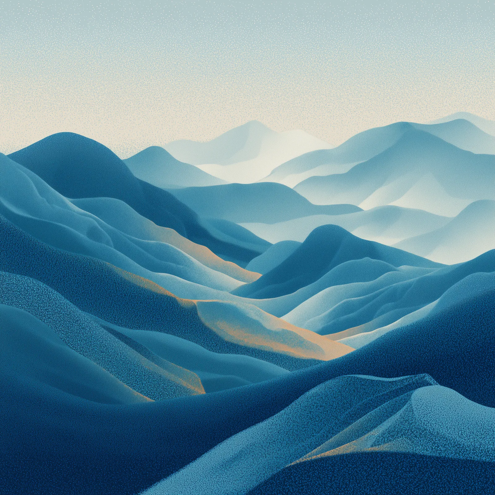 Layered halftone hills in ethereal light blue to deep ocean blue, cream light cascading over peaks, dithered textures cr