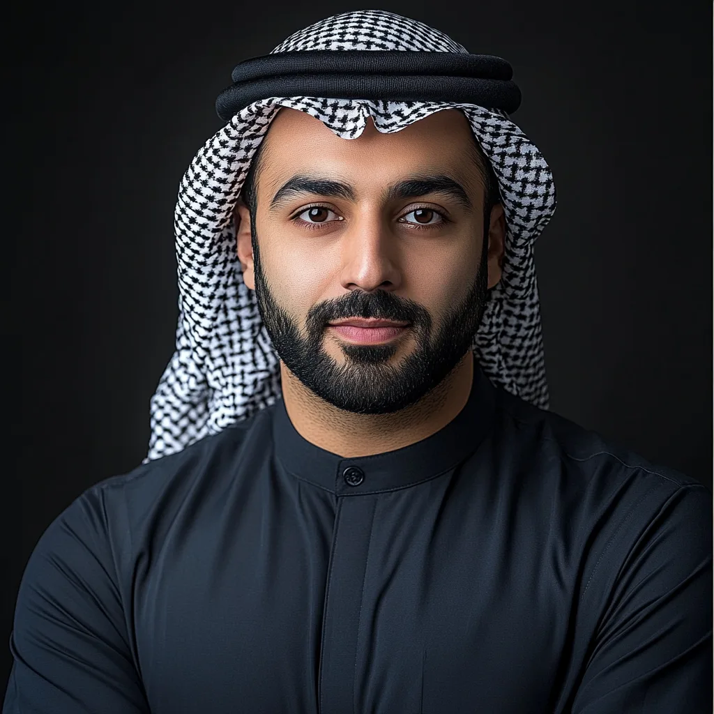 portrait, dark background, 34-year-old Middle Eastern man, civil engineer, lives in a busy urban area, enjoys playing so