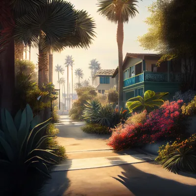 good morning, venice california, sunshine, beach, lush garden, hyper realistic --upbeta