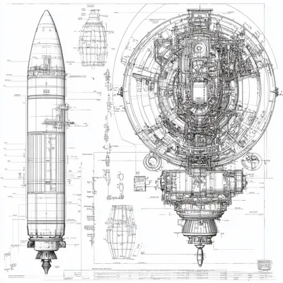 Highly detailed black and white architectural technical drawing of the Saturn V F-1 rocket engine from the Apollo progra