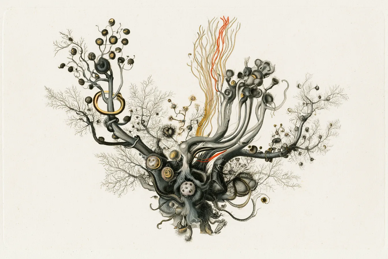 an abstract scientific specimen representing a better future: a compact field of fine branching forms, seed-like cells,