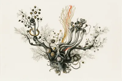 an abstract scientific specimen representing a better future: a compact field of fine branching forms, seed-like cells,