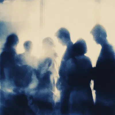 Abstract silhouettes of people gathering in soft light, viewed through a window or translucent screen, minimal and airy 