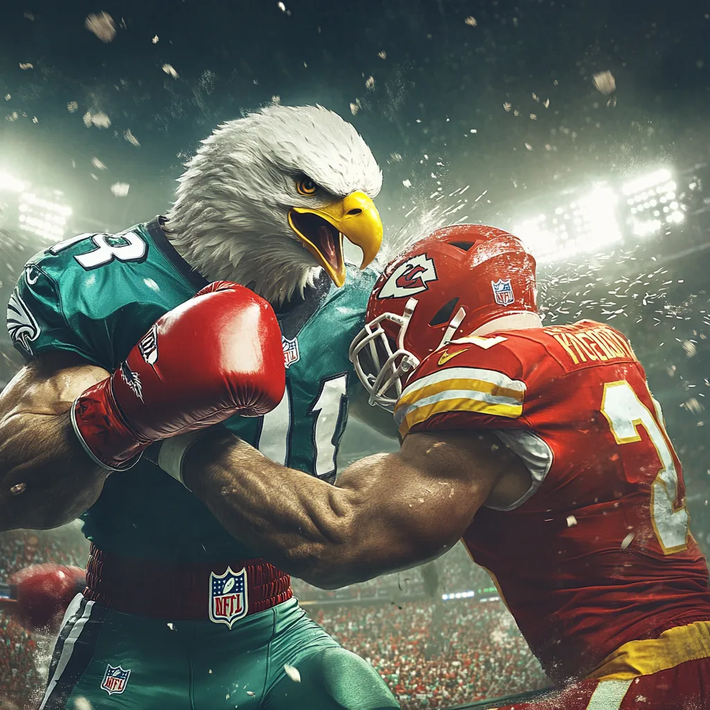 Create a bold and energetic Super Bowl party poster featuring a bald eagle personified as Rocky Balboa, wearing a Philad
