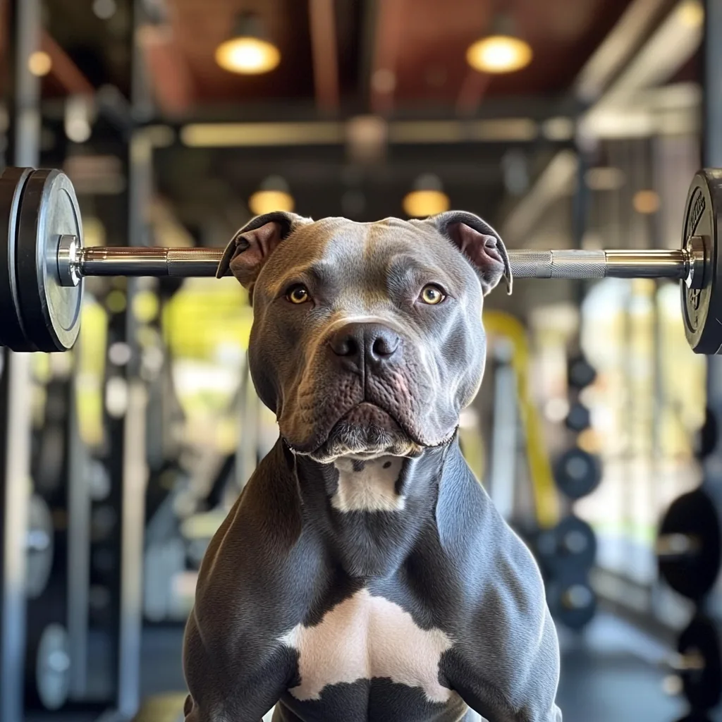 gray pitbull doing squats with the bar on his shoulders at Golds Gym in Venice California