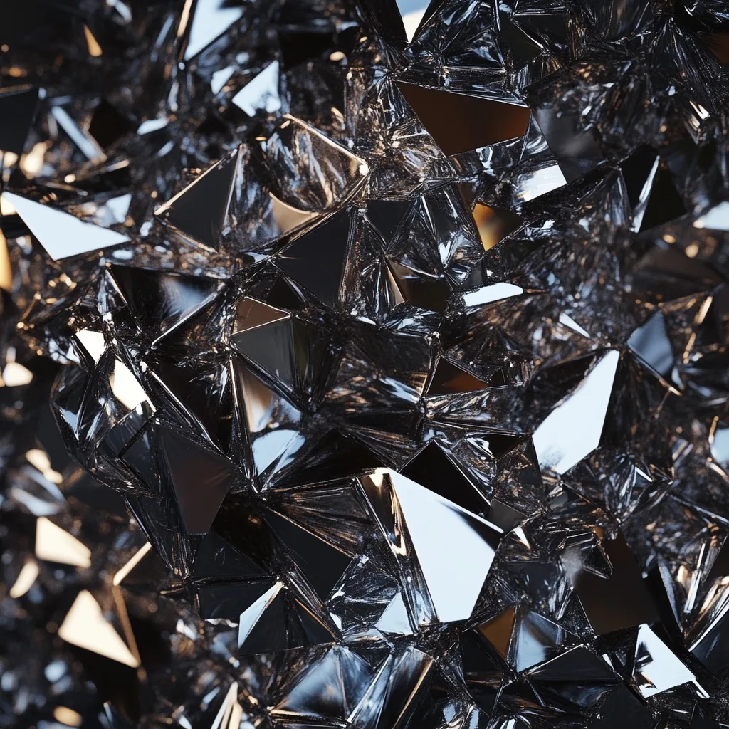 Explosive hyper-realistic close-up of chards of metal. The material appears pointy, with intricate details of light refr