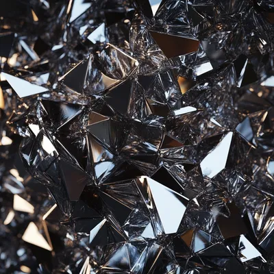 Explosive hyper-realistic close-up of chards of metal. The material appears pointy, with intricate details of light refr