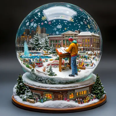 A highly detailed artistic snow globe personifying Austin Bartow, a designer from Kansas City. The globe contains a mini