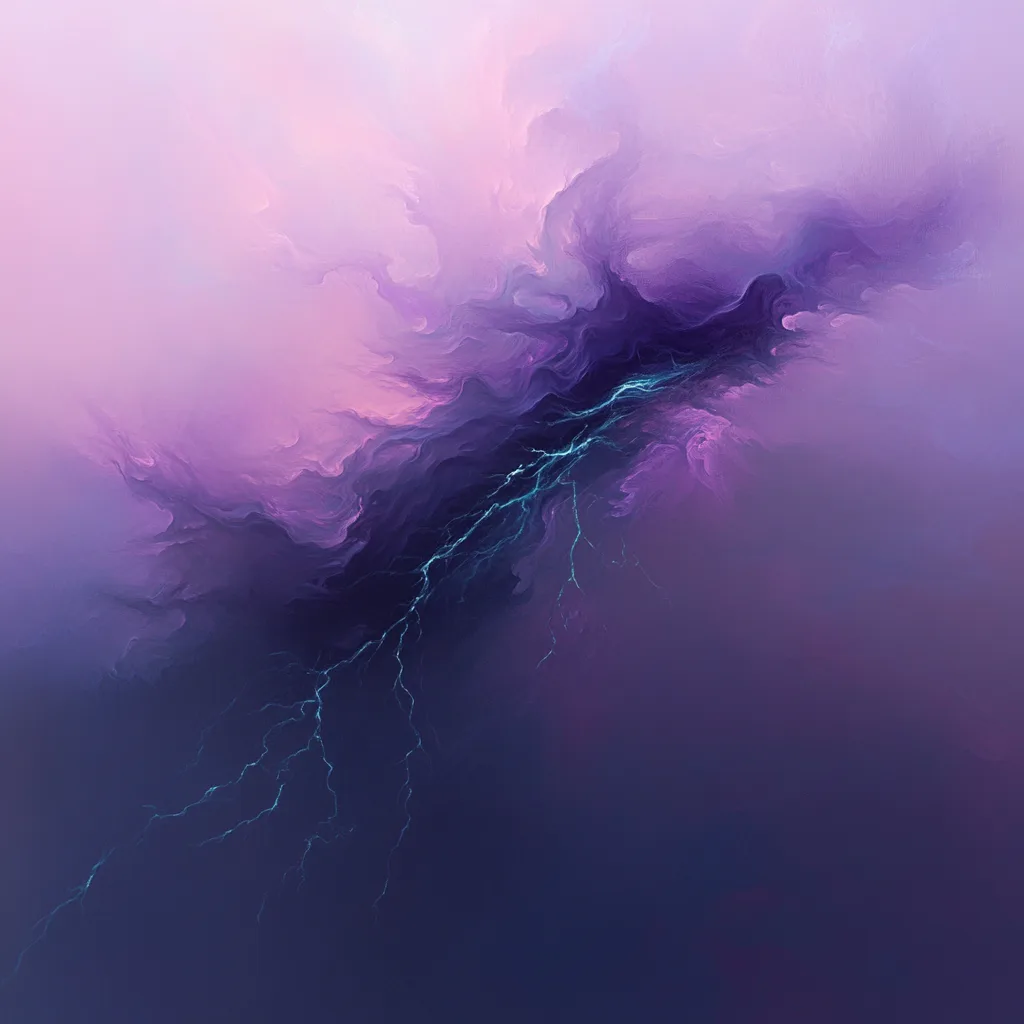 Abstract, ethereal form resembling a dark, cloud-like shape with lightning-like patterns of deep purple and soft turquoi
