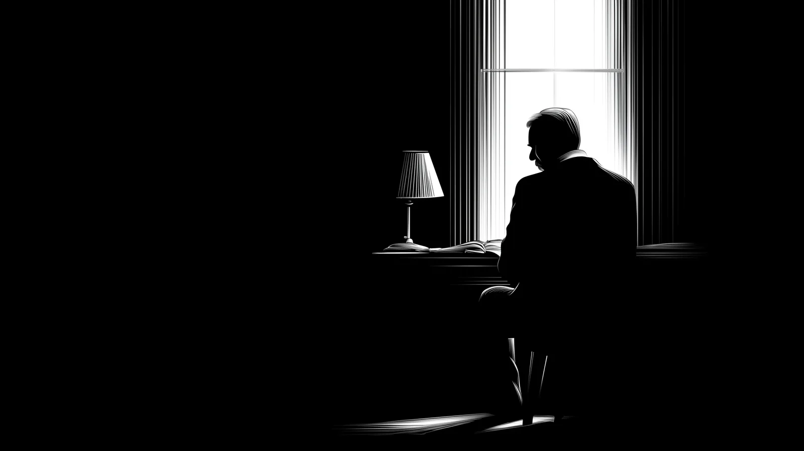 black and white silhouette of a person sitting at a desk in profile, backlit by a single window or light source, desk la