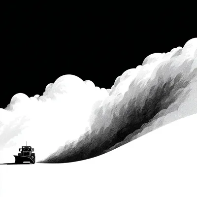 a snow plow moving massive amounts of snow, black and white, strong negative space, graphic composition, modernist illus
