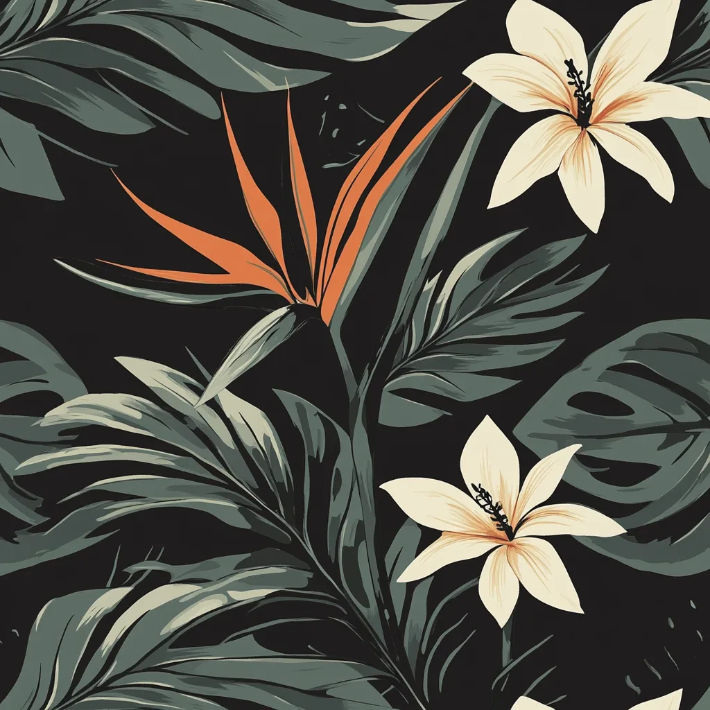 simple silkscreen pattern, dark and tropical, bird of paradise flower, white flower, California poppy flowers, monstera