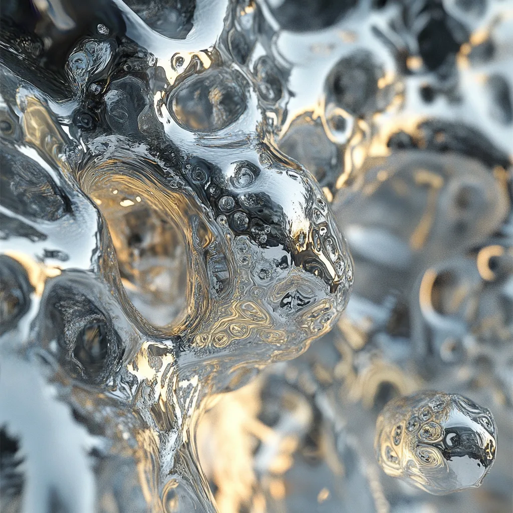 Ice cold hyper-realistic close-up of blobs of metal. The material appears bulbus, with intricate details of light refrac