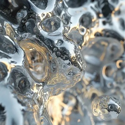 Ice cold hyper-realistic close-up of blobs of metal. The material appears bulbus, with intricate details of light refrac