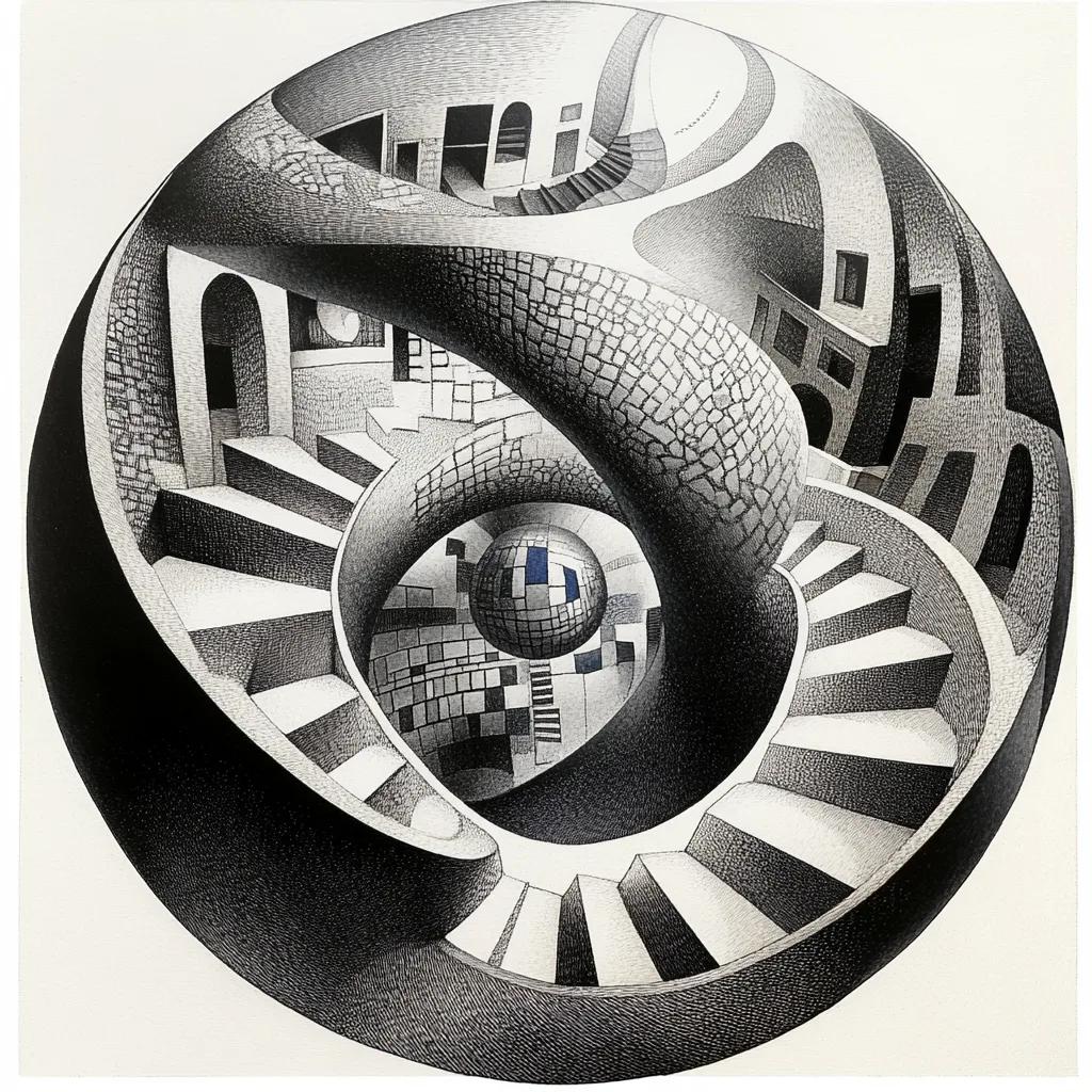 abstract, MC Escher style, magic 8 ball