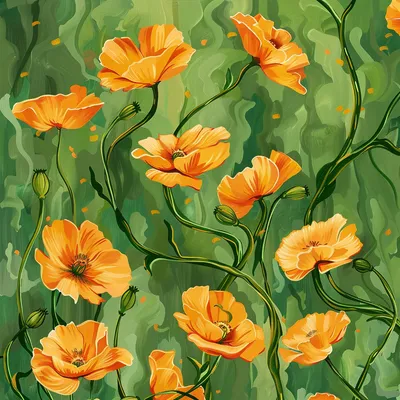 California poppy patten, growing upwards, twisting, green background