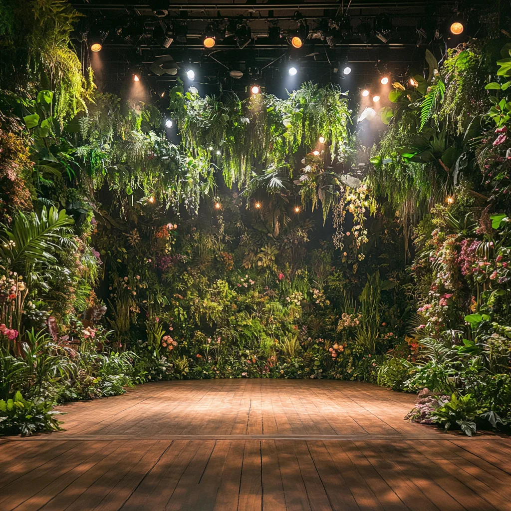 A grand theater stage transformed into a lush, botanical masterpiece. The wooden stage floor is lined with creeping ivy