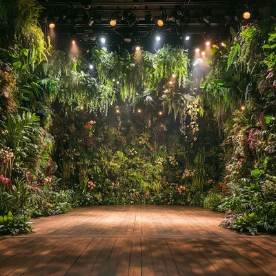 A grand theater stage transformed into a lush, botanical masterpiece. The wooden stage floor is lined with creeping ivy 