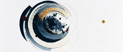 cut-paper collage on a pure white background: an abstract composition loosely suggesting an atom without depicting one l