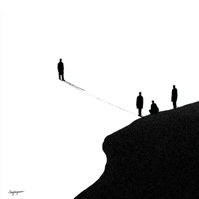 navigating the unknown, minimalist black and white editorial illustration, bold flat silhouettes, high-contrast ink draw