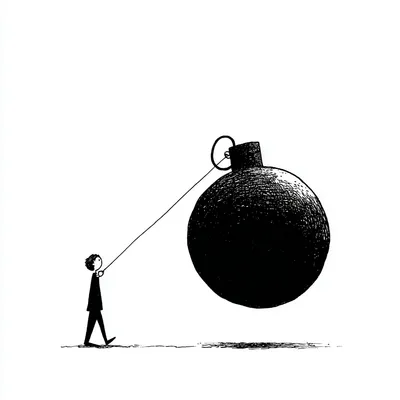 person holding explosive bomb with timer on it , minimal, minimalist black and white editorial illustration, high-contra