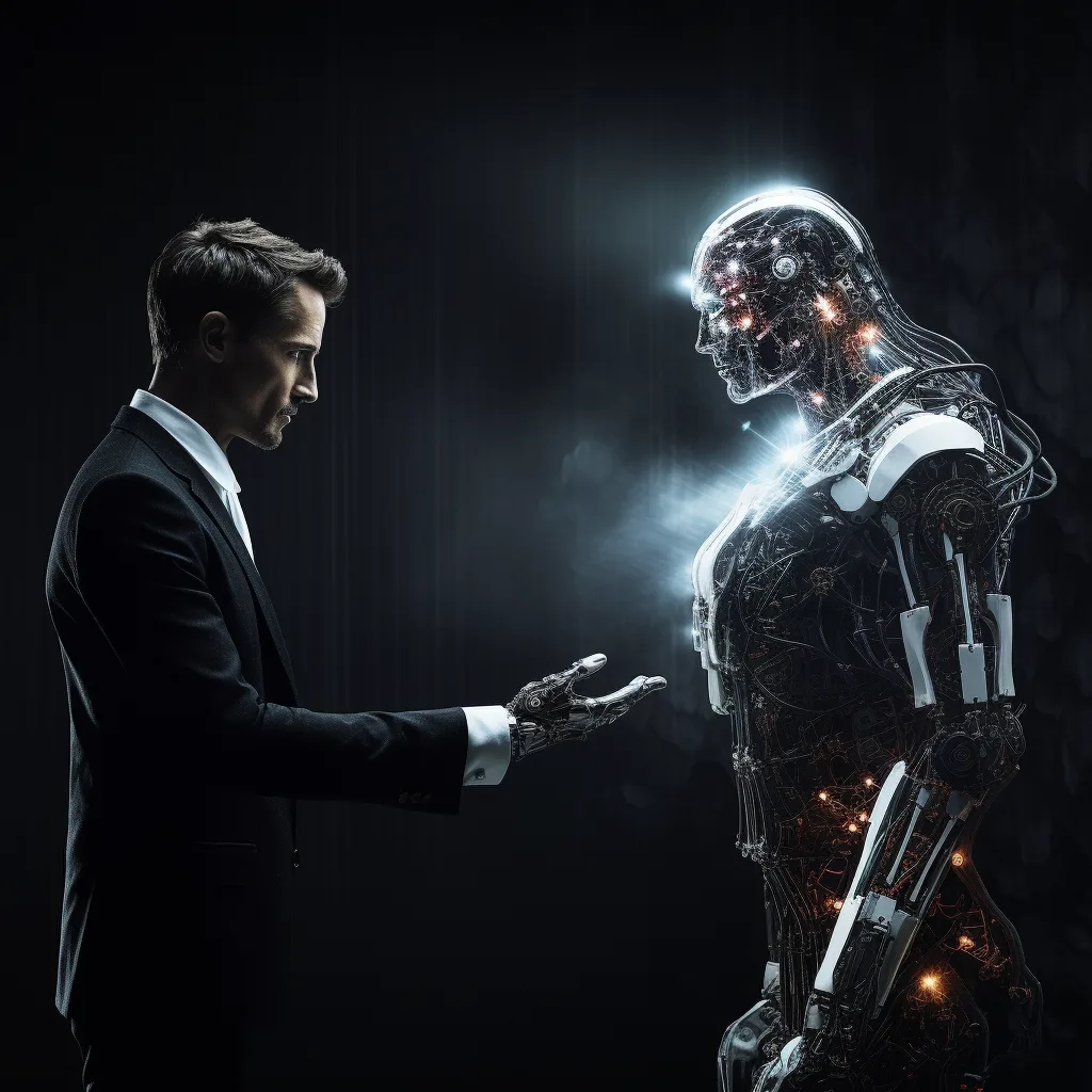 an image of a digital, ghost-like Hollywood actor, being manipulated by a robotic hand, standing on a stage that is spli