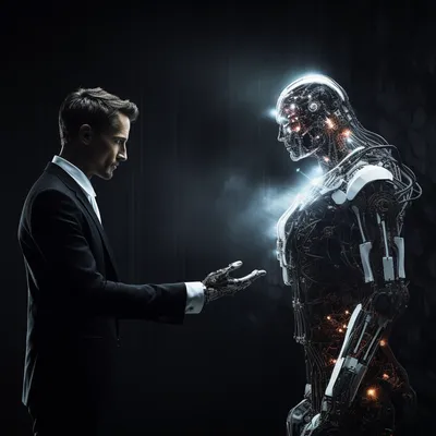 an image of a digital, ghost-like Hollywood actor, being manipulated by a robotic hand, standing on a stage that is spli