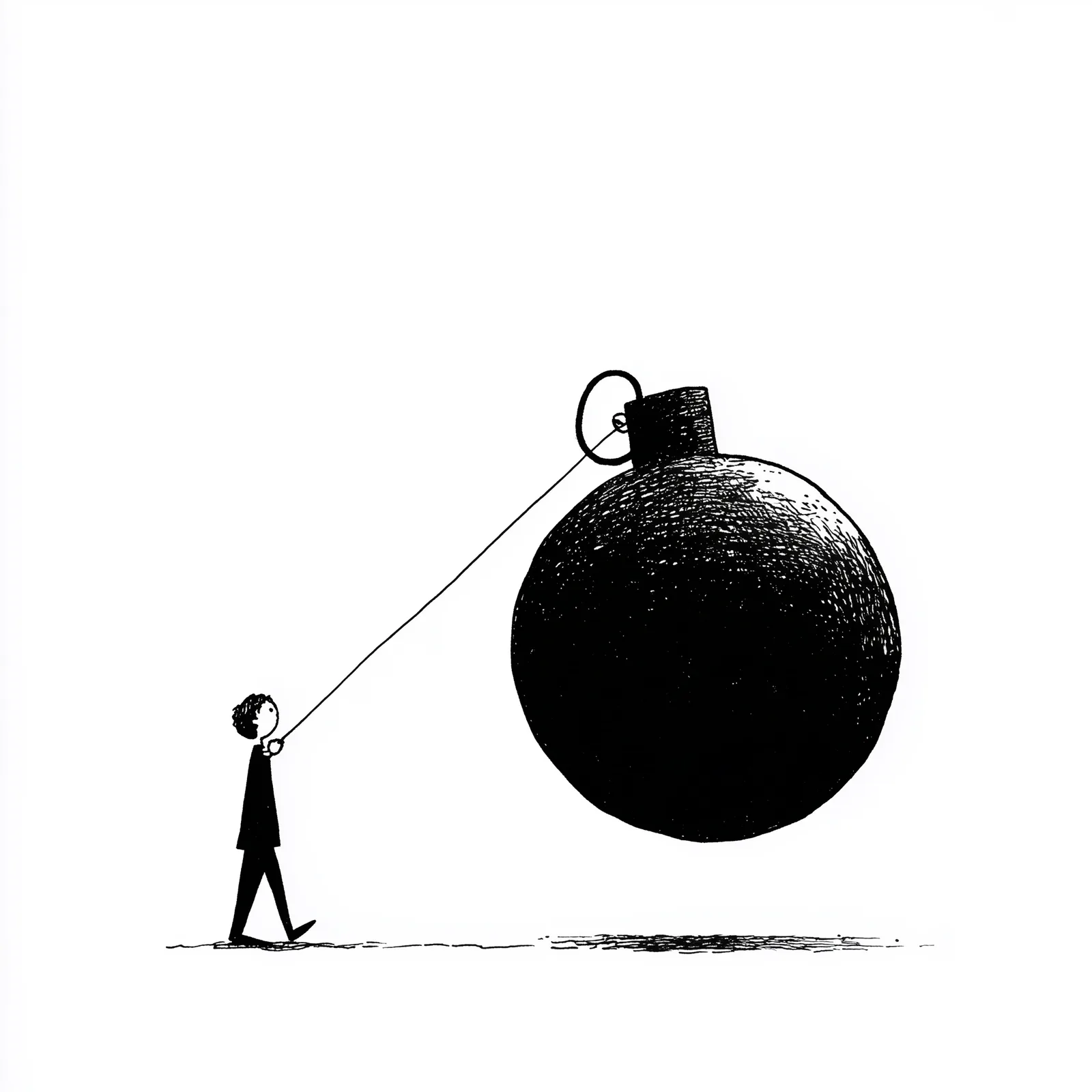 person holding explosive bomb with timer on it , minimal, minimalist black and white editorial illustration, high-contra