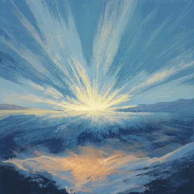 Abstract explosion of energy in an open landscape, upward burst of light and motion, halftone and heavy dithered texture