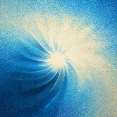 Abstract halftone spiral in ethereal light blue to deep ocean blue, dithered gradients expanding outward, soft cream glo
