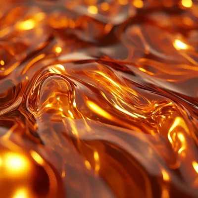 A hyper-realistic close-up of molten metal, organic shapes, glowing with fiery orange and golden reflections. The materi