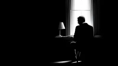black and white silhouette of a person sitting at a desk in profile, backlit by a single window or light source, desk la