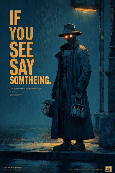 A public safety poster in the style of NYC MTA "If You See Something, Say Something" campaign. Dark noir scene of a huma