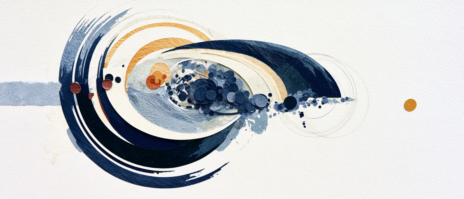 exceptionally abstract cut-paper collage on a pure white background: an abstract composition loosely suggesting an atom