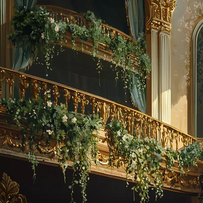 Elegant theater balconies, each with patrons immersed in the show, their private spaces enhanced by delicate trailing vi
