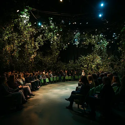 A post-performance theater scene where the audience mingles in the softly lit, nature-infused space. The seats remain ge