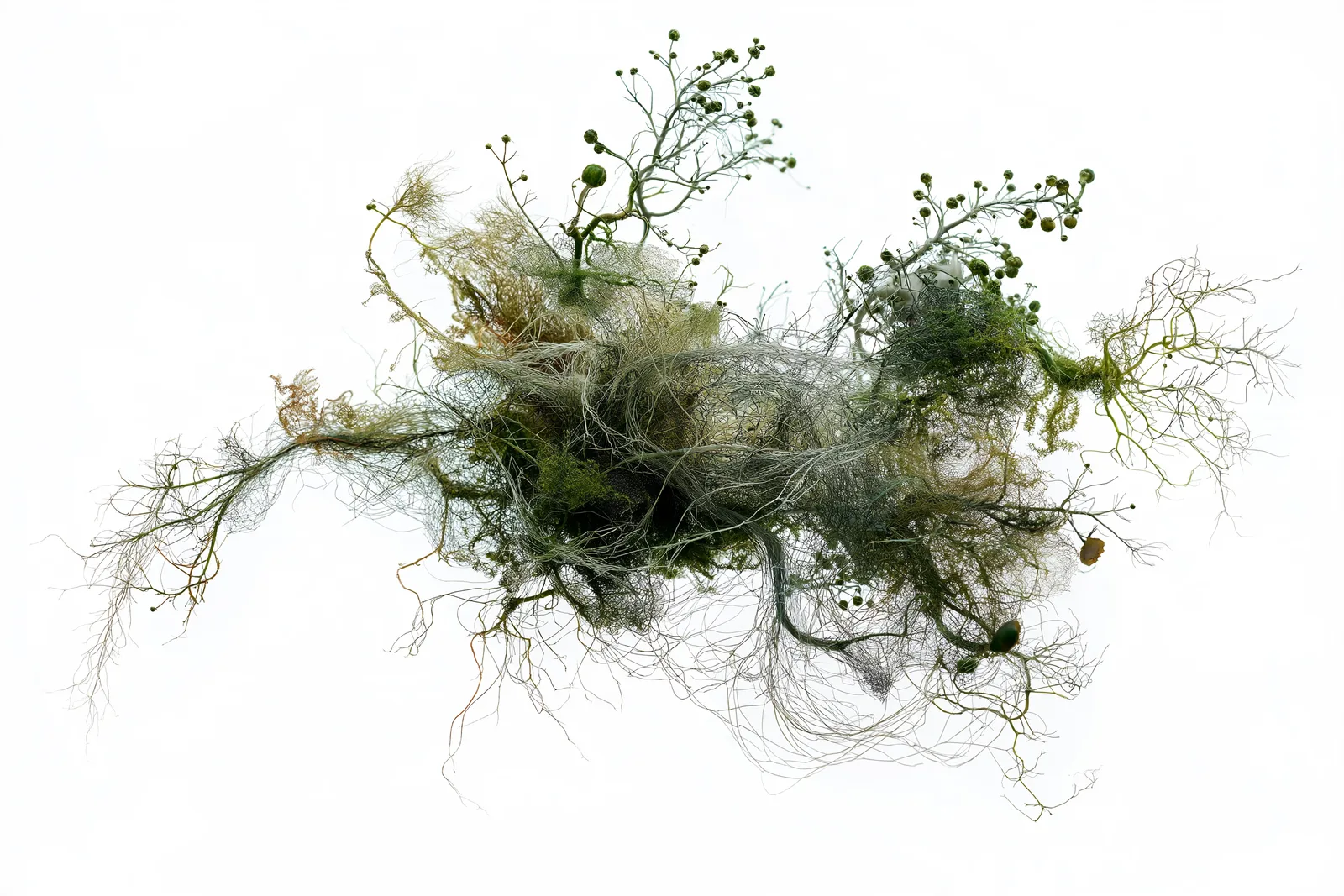 an abstract scientific specimen representing a better future: a delicate moss and lichen colony growing outward from a c
