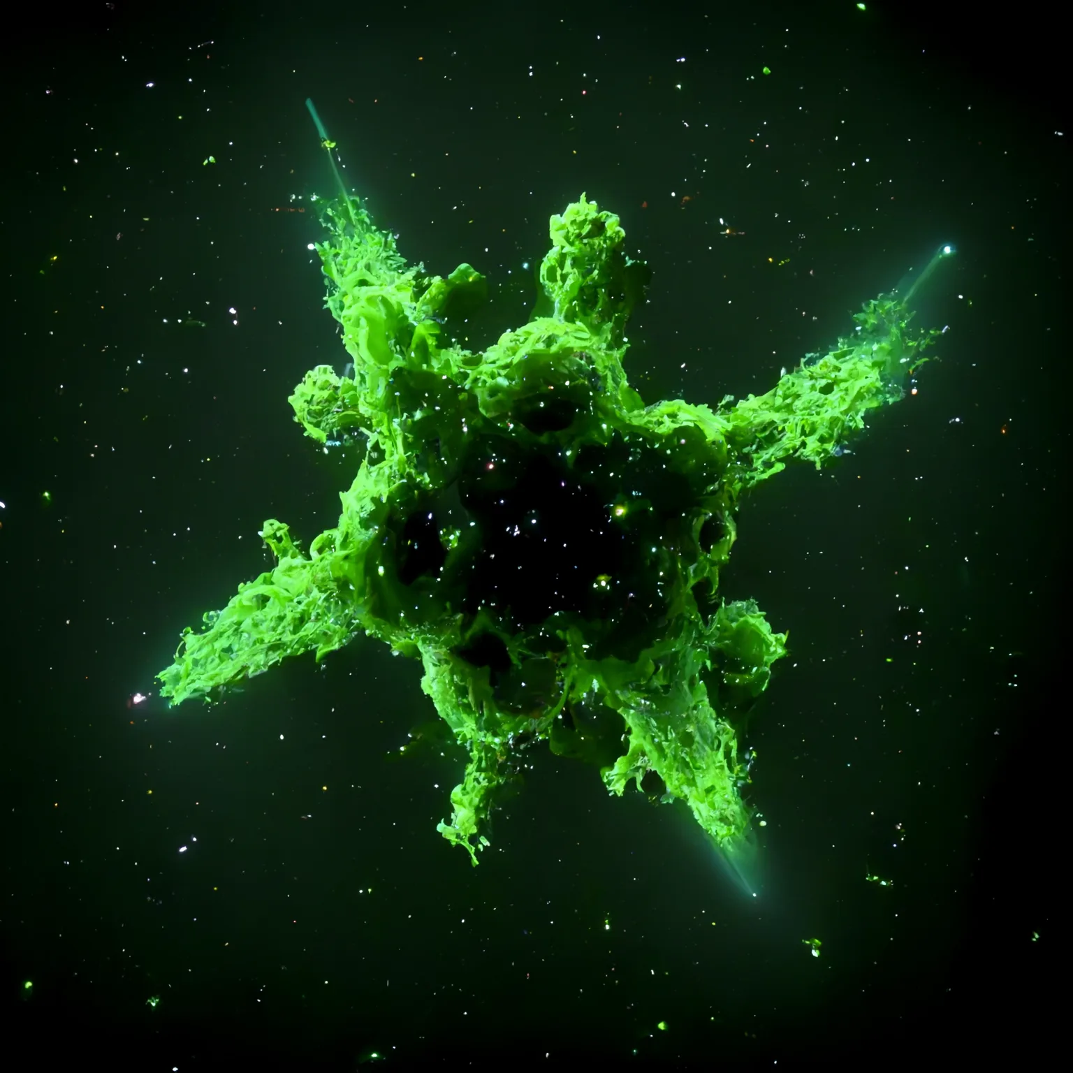 an asterisk shape floating in space made of neon green particles --upbeta