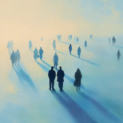 Distant view of an abstract gathering of people in silhouette, soft shadows and dappled light, hazy and minimal, zoomed 