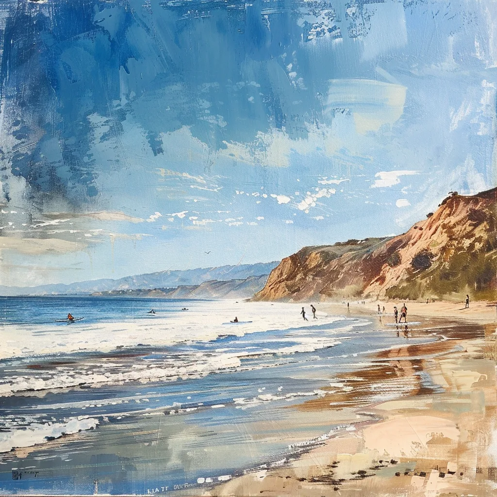 wide open beach with surfers in Southern California