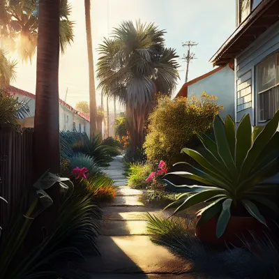 good morning, venice california, sunshine, beach, lush garden, hyper realistic --upbeta