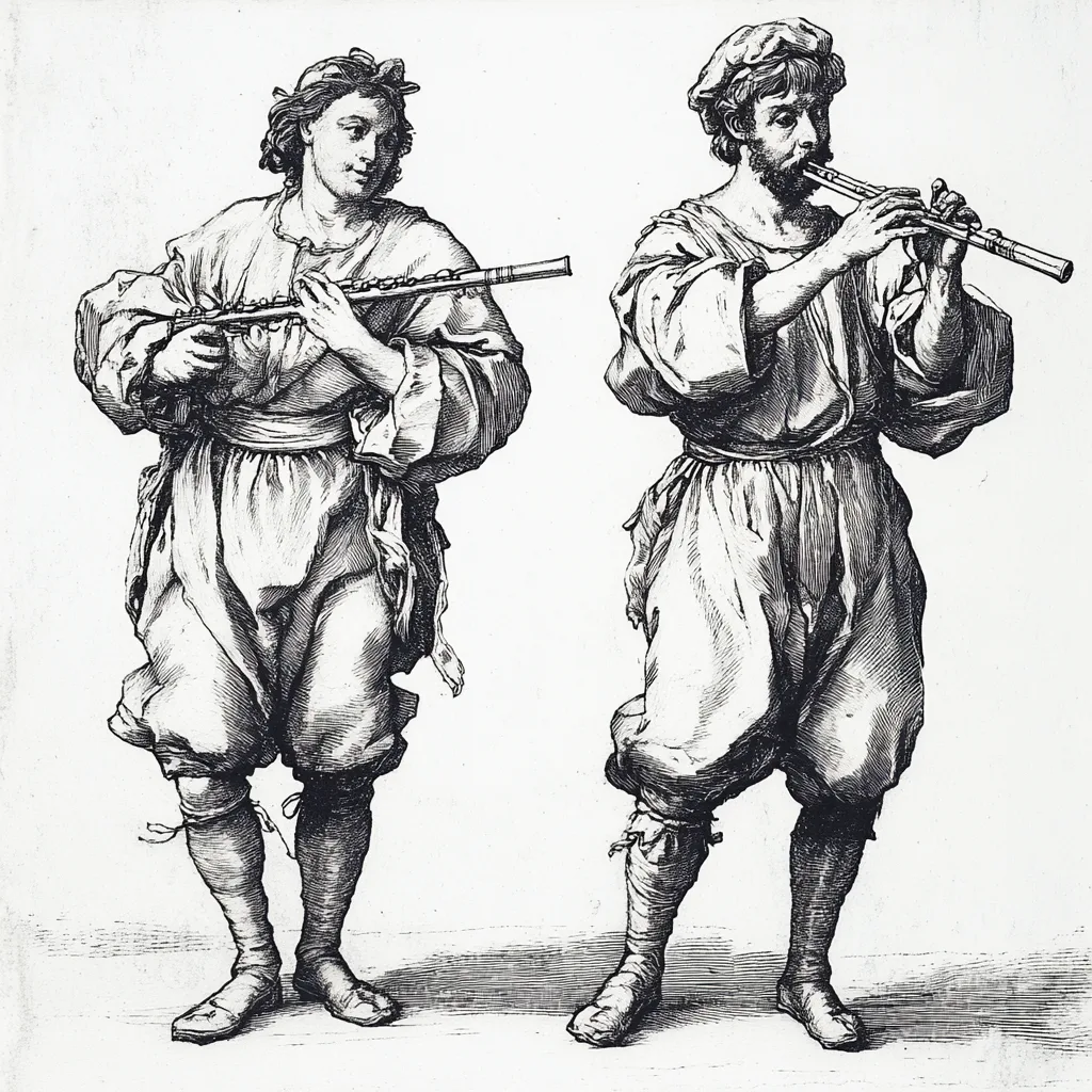 Two Renaissance actors depicted in a hard-point etching style, with no background details. One plays a flute, captured i
