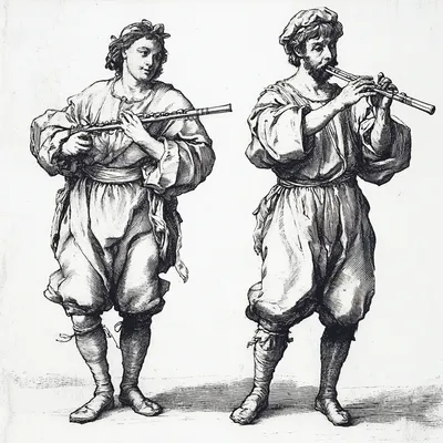 Two Renaissance actors depicted in a hard-point etching style, with no background details. One plays a flute, captured i