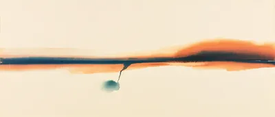 vintage 1970s watercolor on warm aged cream paper, flat scanned texture: pigment flows horizontally across the page like