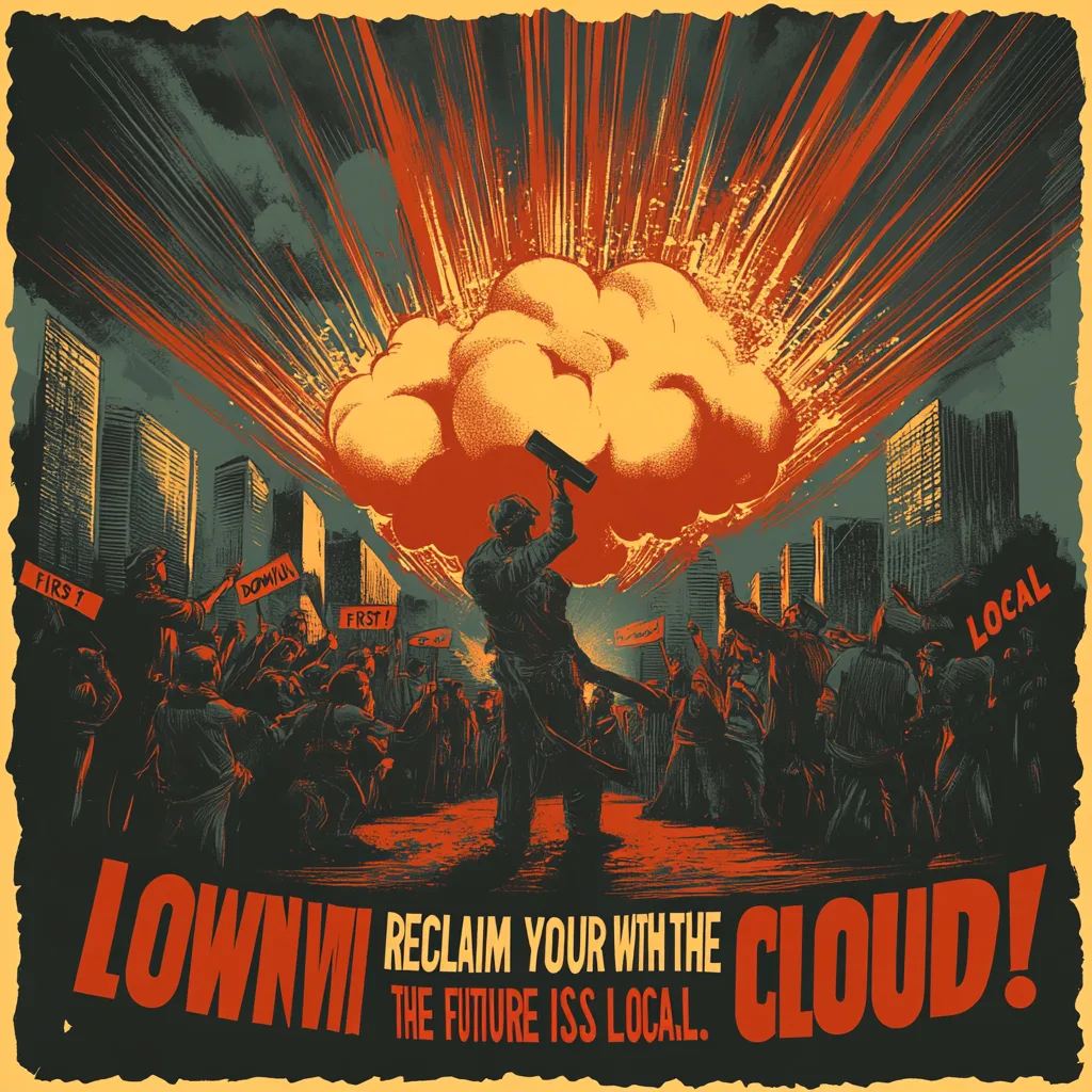 A bold, vintage-style propaganda poster depicting a technological uprising against "The Cloud." In the center, a determi
