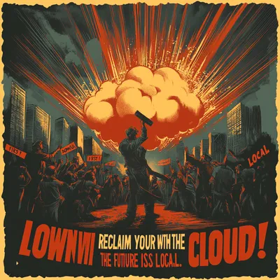A bold, vintage-style propaganda poster depicting a technological uprising against "The Cloud." In the center, a determi
