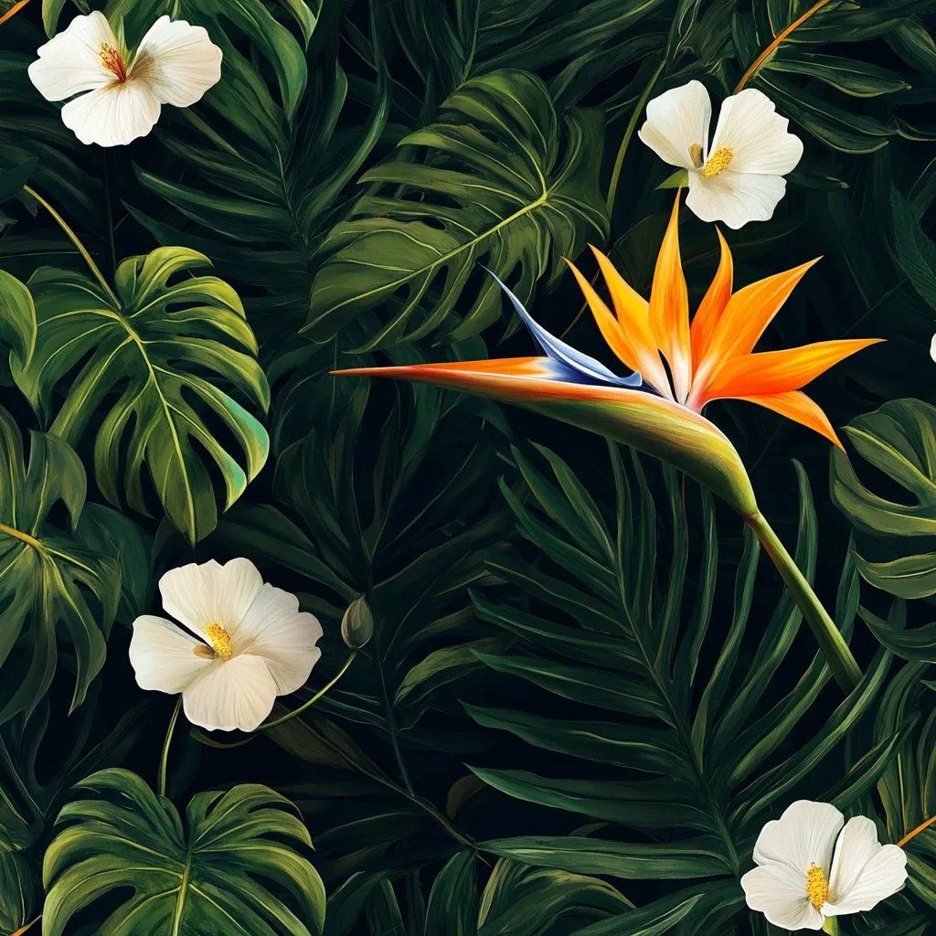 dark and tropical repeating pattern wallpaper, bird of paradise flower, white flowers, California poppy flowers, monster