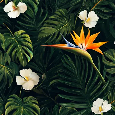 dark and tropical repeating pattern wallpaper, bird of paradise flower, white flowers, California poppy flowers, monster